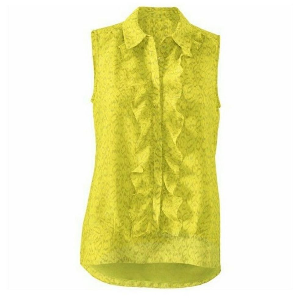 CAbi Reign Sleeveless Ruffle Front Blouse Chartreuse Lime Yellow Green 3071 EUC
